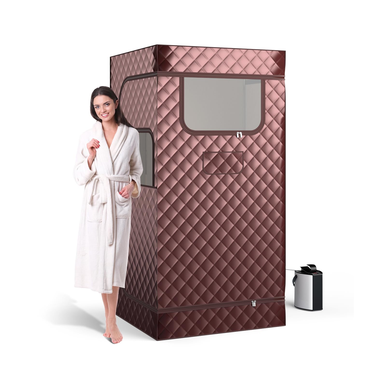 GOPLUS Dampfsauna tragbar für Zuhause, Temperaturregulierbare Ganzkörpersauna mit Fernbedienung und Timer, Heimsauna mit 3 L Dampfgenerator, Klappstuhl und Fußmassagegerät, 91 x 91 x 183 cm (Kaffee)