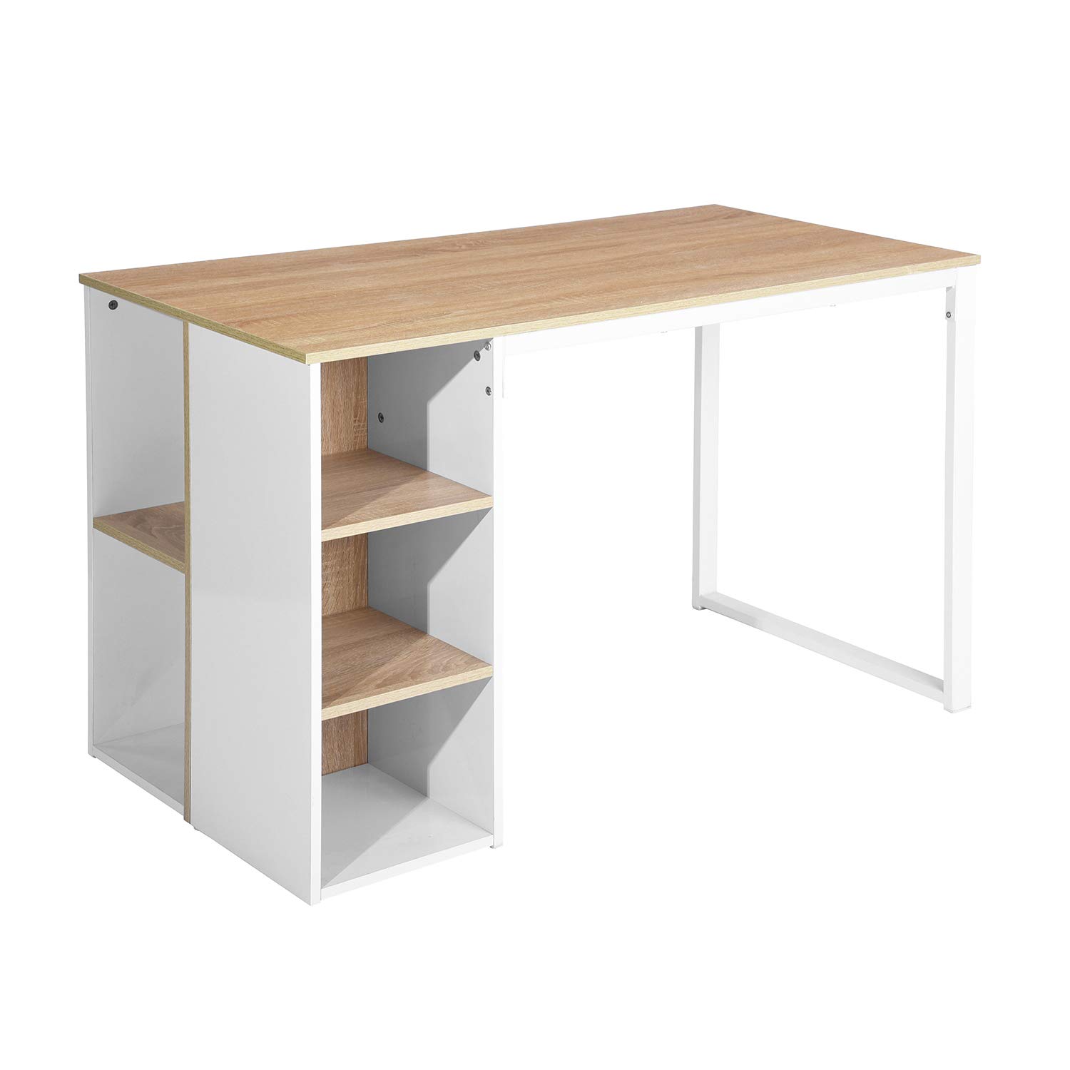 Homybec Computer 5 Shelves Modern Simple Style Home Office PC Laptop Workstation Writing Study Desk with Metal Frame Beech White, Wood, Oak, 120 x 60 x 75cm