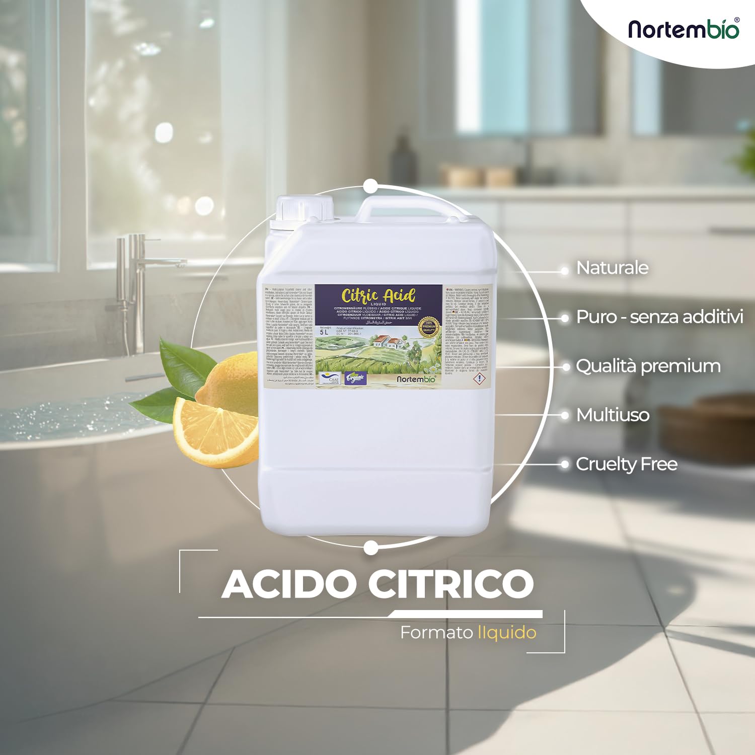 Nortembio Acido Citrico Ecologico 10 L Liquido Concentrato 100% Puro e Naturale Multiuso per Pulizia Domestica, Cucina e Bagno + eBook Gratuito Incluso