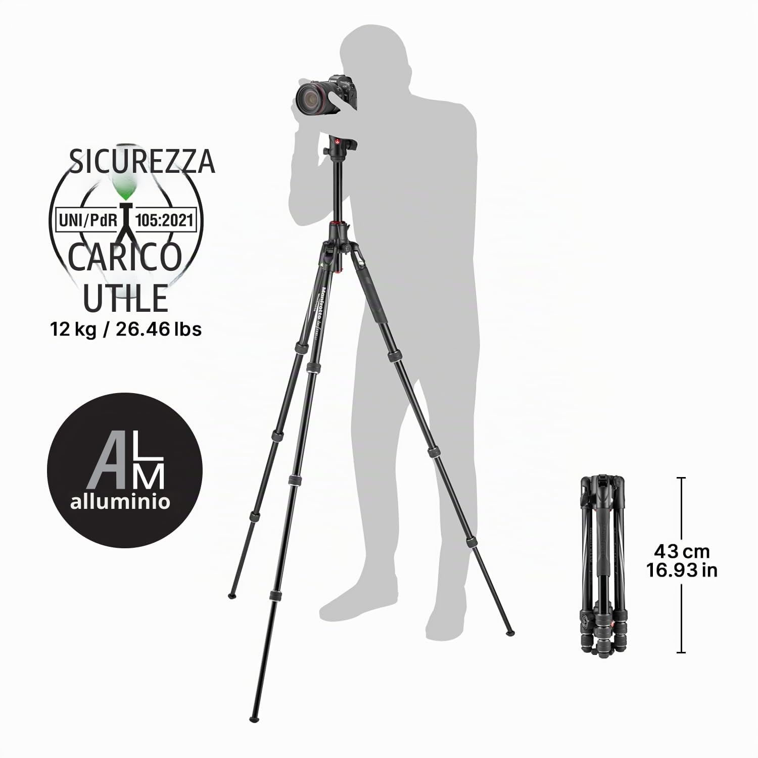 Manfrotto Befree GT XPRO Treppiede Fotocamera in Alluminio, Testa a Sfera Centrale 496, Chiusura Twist,Colonna 90 Gradi, Piastra 200PL-PRO, Reflex, CSC, Mirroless, Macrofotografia, MKBFRA4GTXP-BH