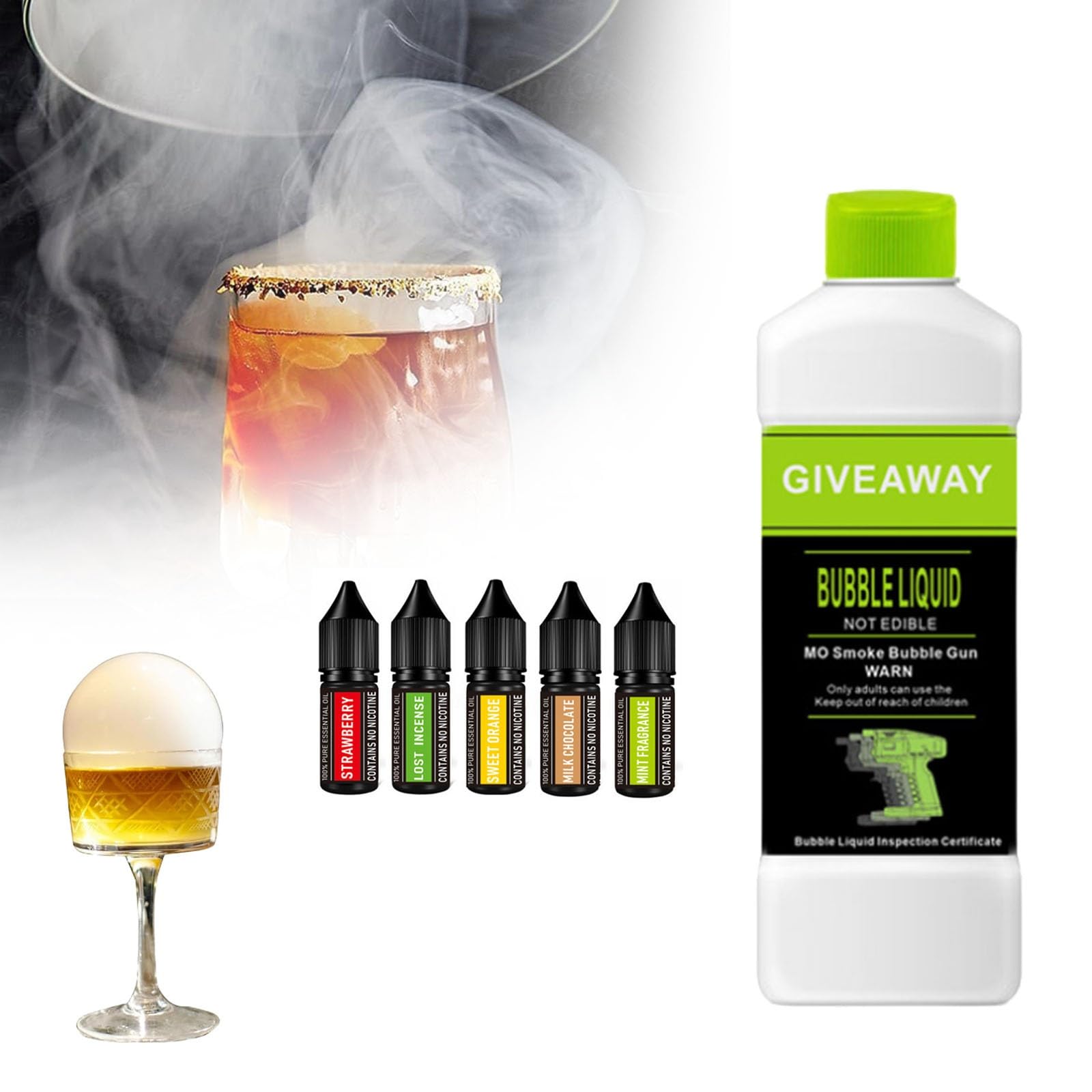 300 ml płynu do baniek mydlanych i 5 smaków pistoletu do baniek dymnych, infuzora dymu, akcesoria do maszyn do baniek Molecular Cuisine