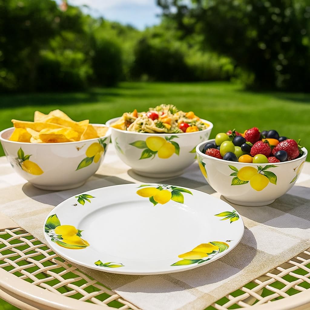 Reston Lloyd Calypso Basics Melamine Dinner Plates Set of 6,10 inch, BPA-Free, Non-Toxic, Break-Resistant, Dishwasher Safe, for Indoor and Outdoor use, Fresh Lemons