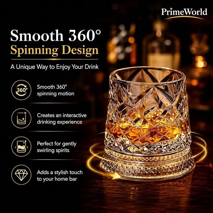 Image of PrimeWorld Diamond Cut Rotating Whiskey Glasses - Set of 6 | 300ml 360 Spinning Old Fashioned Tumblers | Premium Crystal Clear Lead-Free Rocks Glasses for Whiskey, Scotch, Bourbon, Brandy, Rum