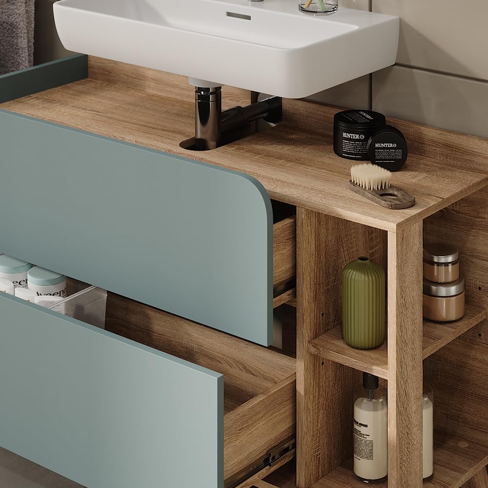 Vicco Mobiletto per lavabo Karen, Sonoma/blu, 100 x 65 cm con 2 cassetti, per montaggio sotto il lavabo con apertura per sifone