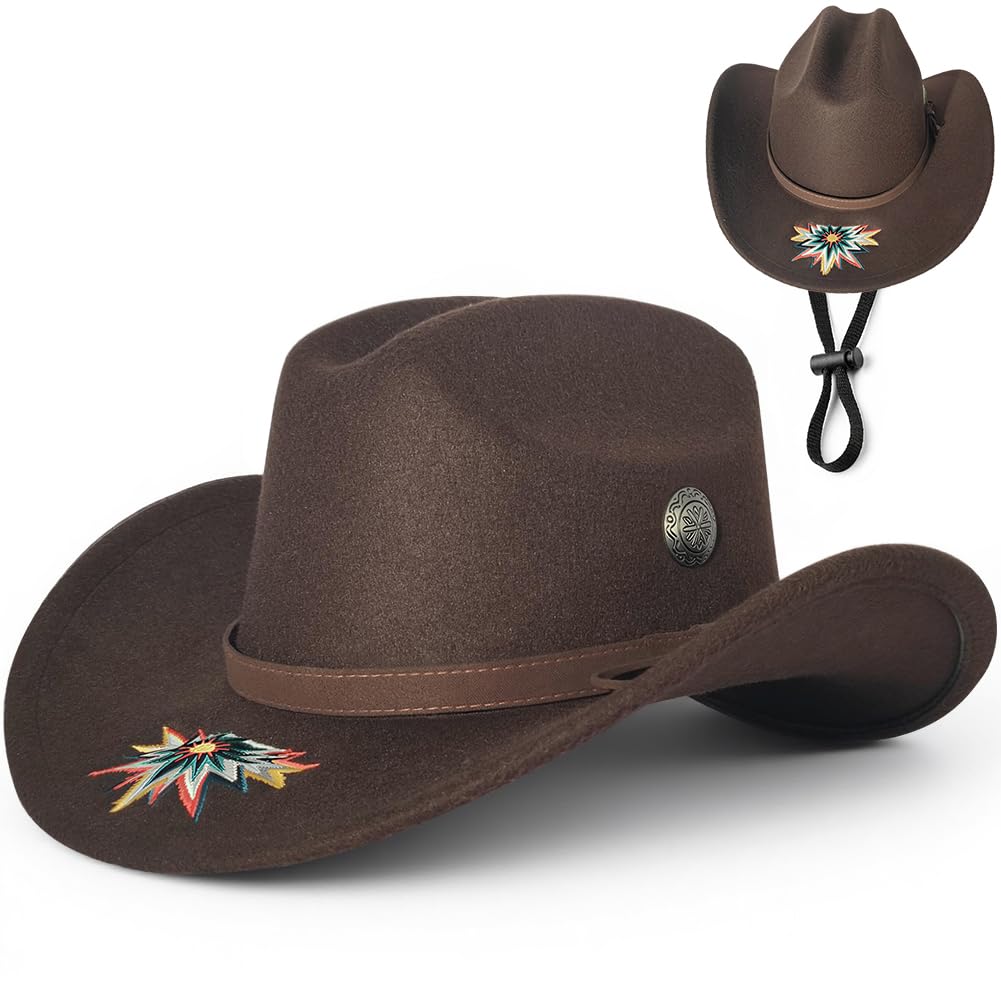 Dlishka Adult Cowboy Hat for Men & Women, Felt Western Cowgirl Hat Size M 57cm, Wide Brim Sun Protection Cowboy Outfit Accessory for Cowgirl Outfits for Women, Country & Western Party Costume (Brown)