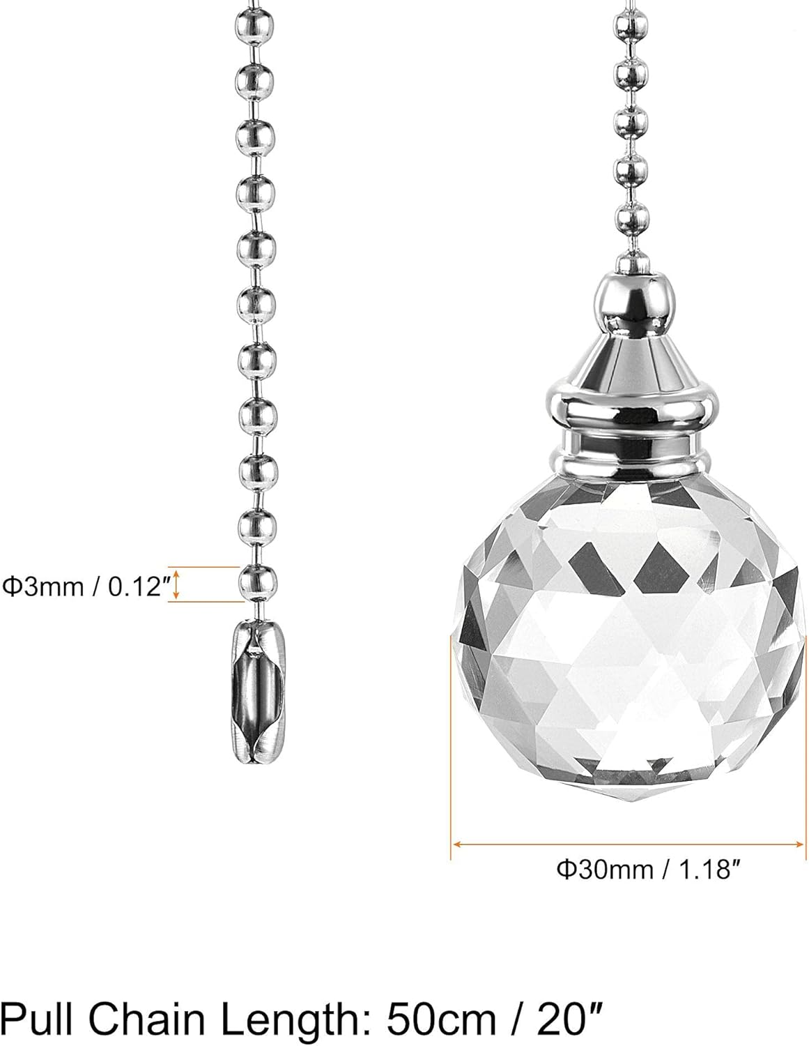 uxcell Ceiling Fan Pull Chain, 20 Inch Nickel Finish Chain Ornament Extension, 30mm Clear Crystal Ball Pendant 2Pcs