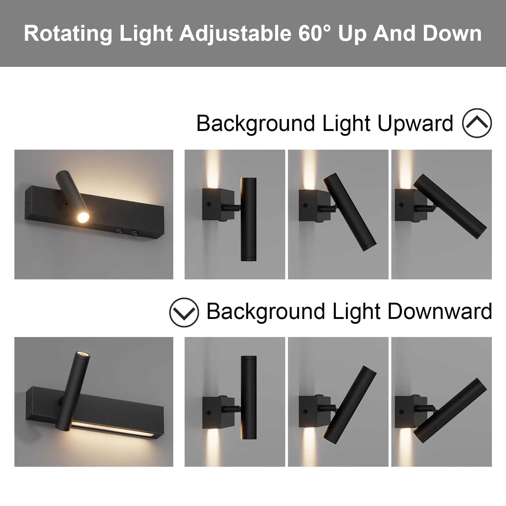 Klighten 2 Stück LED Wandleuchte Innen, 3W+3W Wandleuchten 2 flammig, 3000K Wandlampe mit 2 Schalter, Rundes Wandstrahler 330°Drehbar /60°Verstellbarer, für Schlafzimmer, Aluminium, Schwarz, Warmweiß