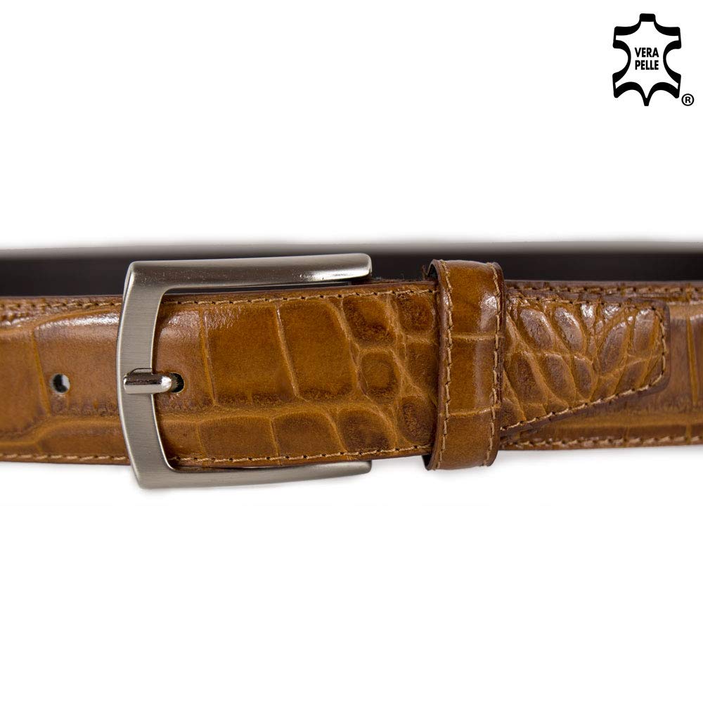 Emila Cintura uomo elegante stampa cocco da cerimonia cinta artigianale vitello stampata coccodrillo per abito x pantalone classica lavoro con fibbia 3,5 cm 35 mm cuciture made in Italy Vera Pelle