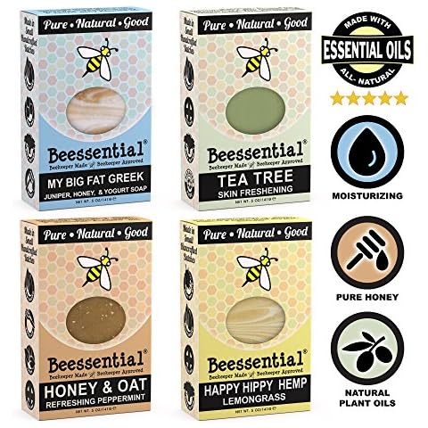 Beessential Natural Bar Soap, 4 Count Variety, with Moisturizing Beeswax, Shea Butter, Olive Oil (Peppermint, Honey & Yogurt, Tea Tree, Lemongrass) - Made in the USA, 5 oz Cover