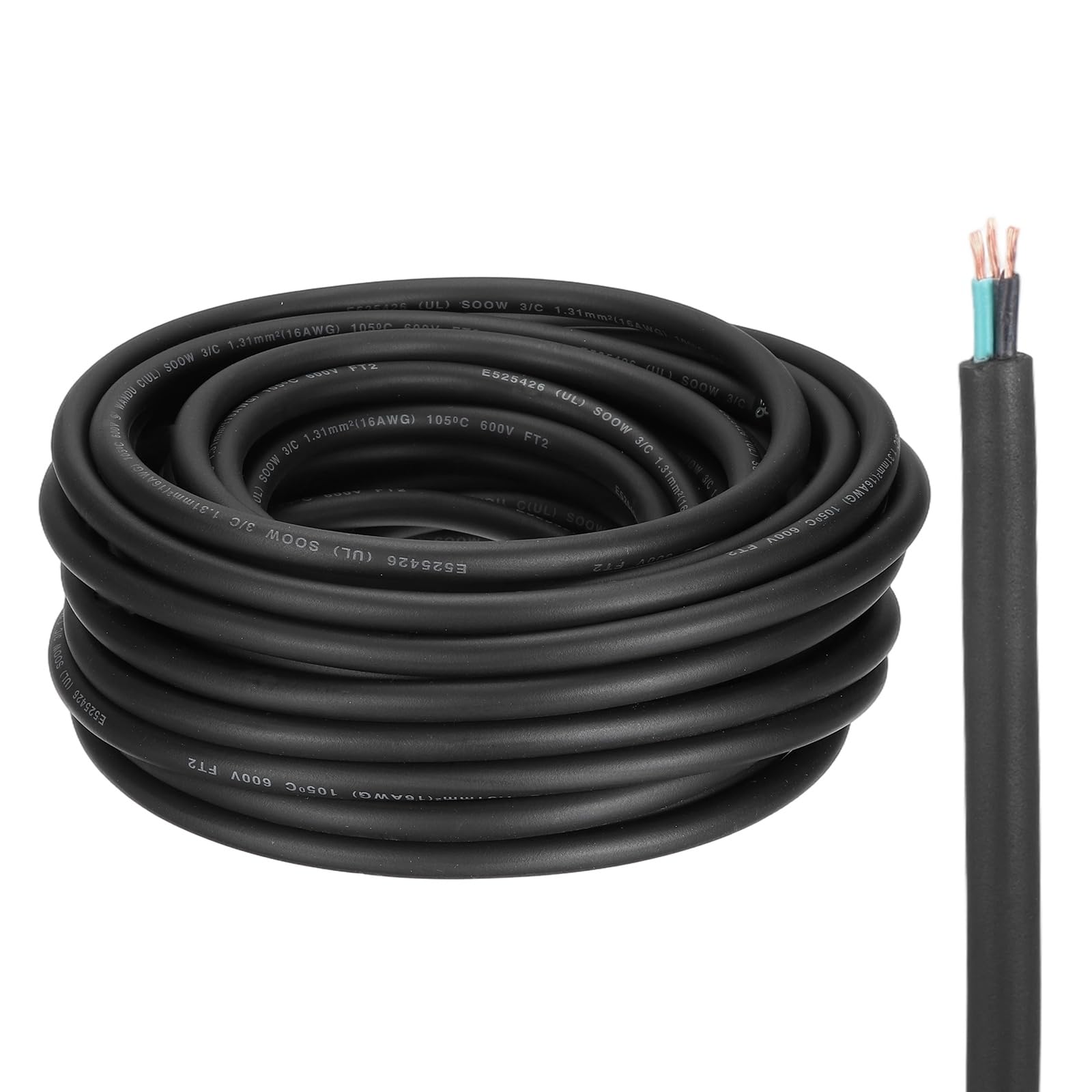 QUARKZMAN 100 Pies Cable Eléctrico SOOW 16 AWG 3 Conductores | Cable De Potencia Portátil 600V, Cable De Extensión Flexible, Para Generadores Luces LED Cargadores De Baterías