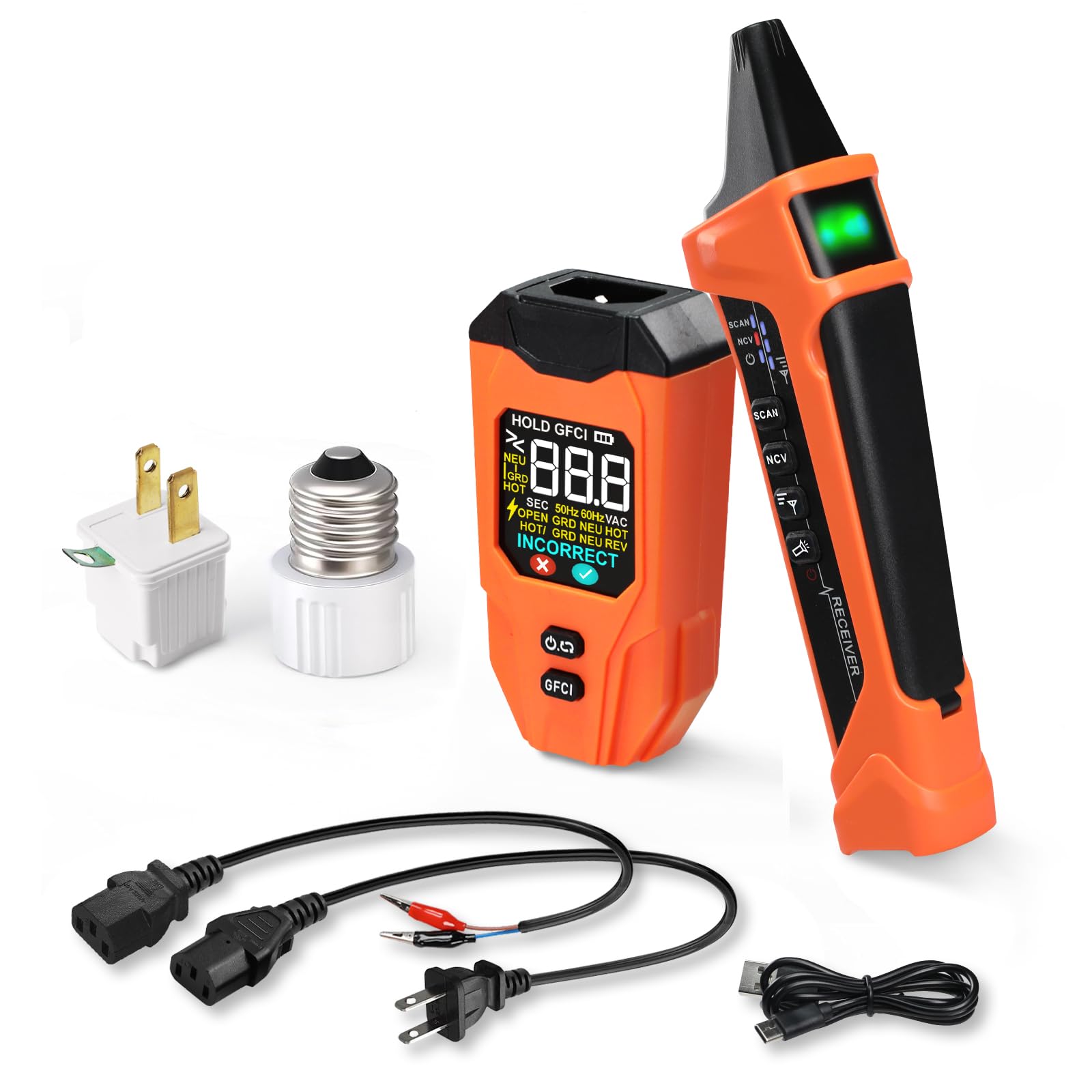 Détecteur de Disjoncteur avec Écran LCD, Testeur de Prise GFCI, Traçeur de Circuit Électrique avec Test NCV – Livré avec Sac de Rangement et Adaptateurs, Rechargeable, Mode Intelligent IA