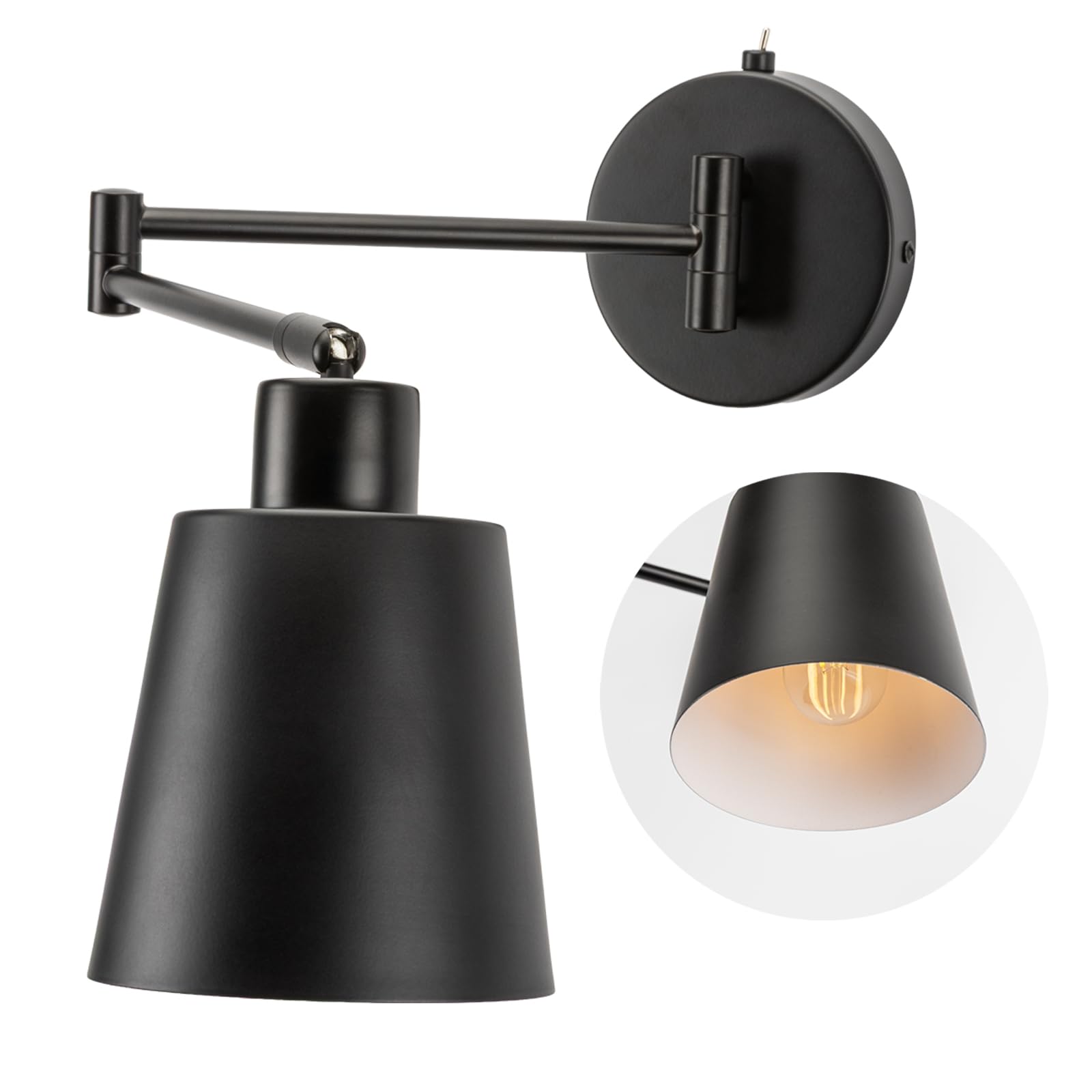 OSYNNIQ Swing Arm Wall Sconce Light, Black Modern Wall Lamp Indoor with Adjustable Swing Arm 2700K Warm Light for Bedroom Bedside Reading Hallway Corridor Stairs Hall(E27 Bulb Included)