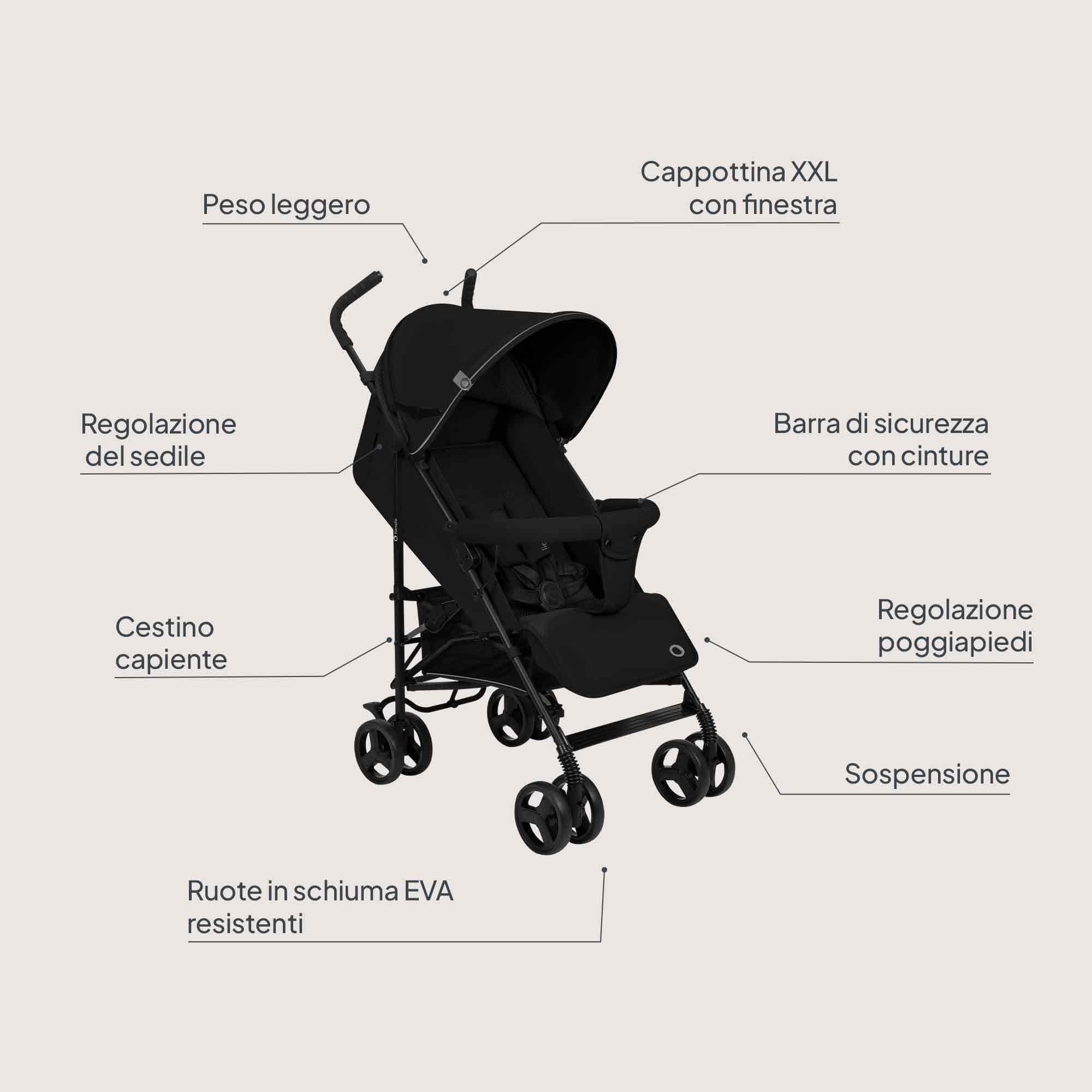 LIONELO ELIA Passeggino Leggero Pieghevole e Compatto da Viaggio per Bambini, Schienale Reclinabile Sdraiato, Cinture a 5 Punti, Cappottina UV e Grande Cestino Portaoggetti, 6-36 Mesi fino a 15 kg