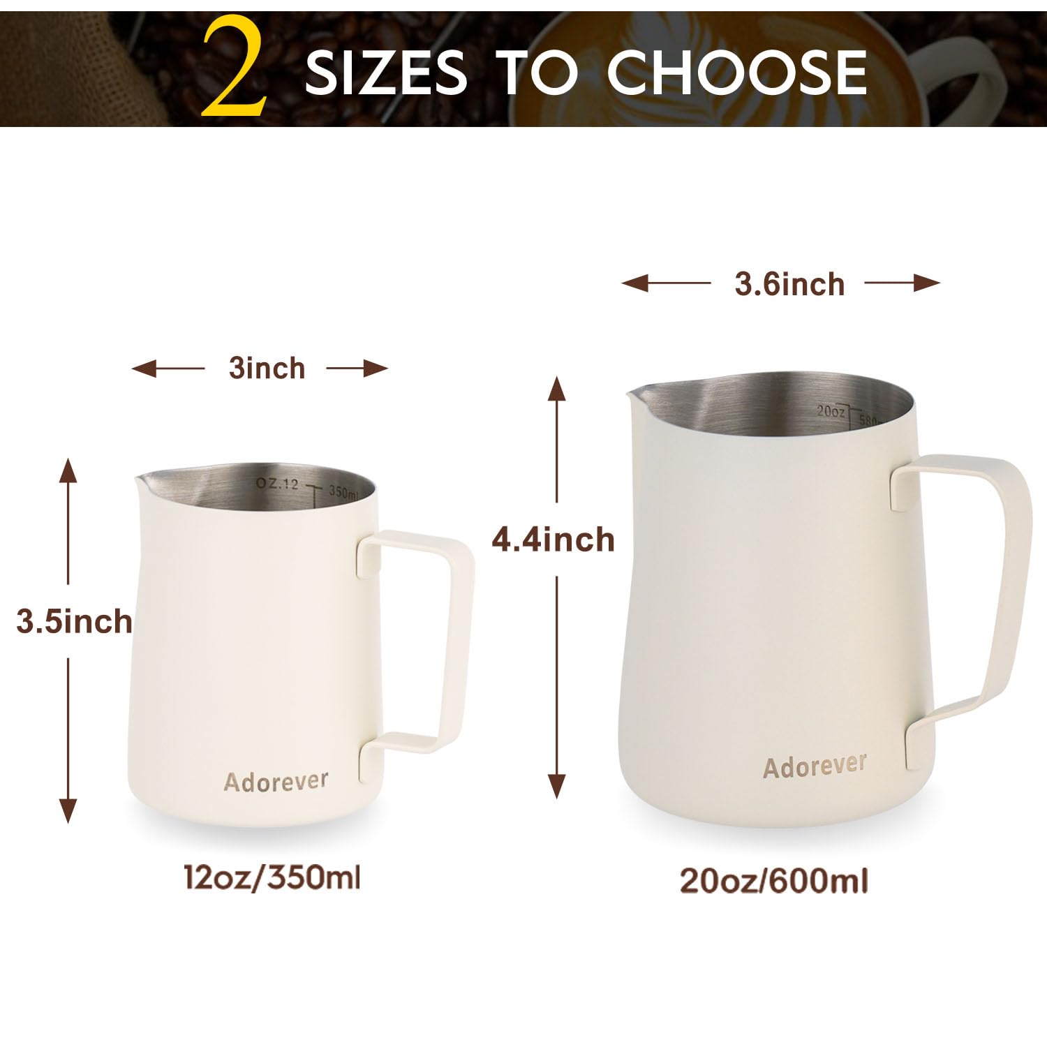 Pichet à mousse de lait, 600 ml, pichet vapeur en acier inoxydable pour lait, café, cappuccino, latte art, barista, pichet à vapeur avec stylo décoratif, blanc mat