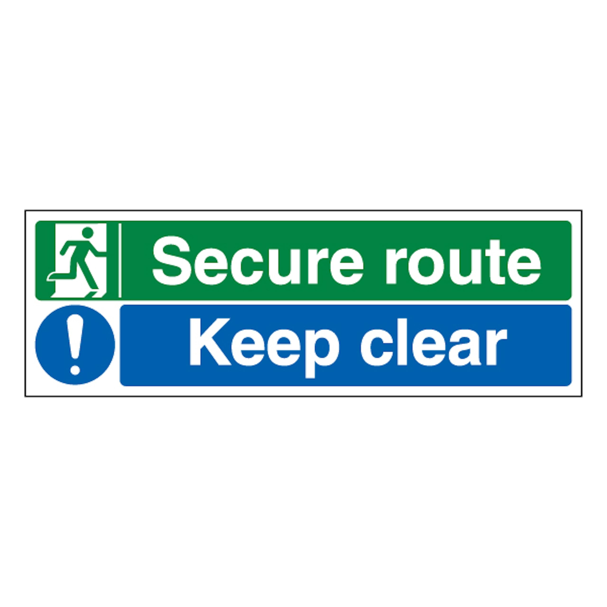 V Safety Secure Route/Keep Clear 300 x 100 mm - 2mm Super-Tough Rigid Plastic Safety Sign