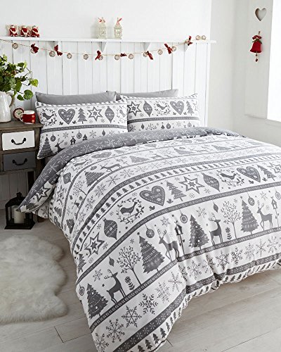 Duvet Cover Set - Grey & White Reindeer Heart & Christmas Tree Quilt Cover Set (Double)