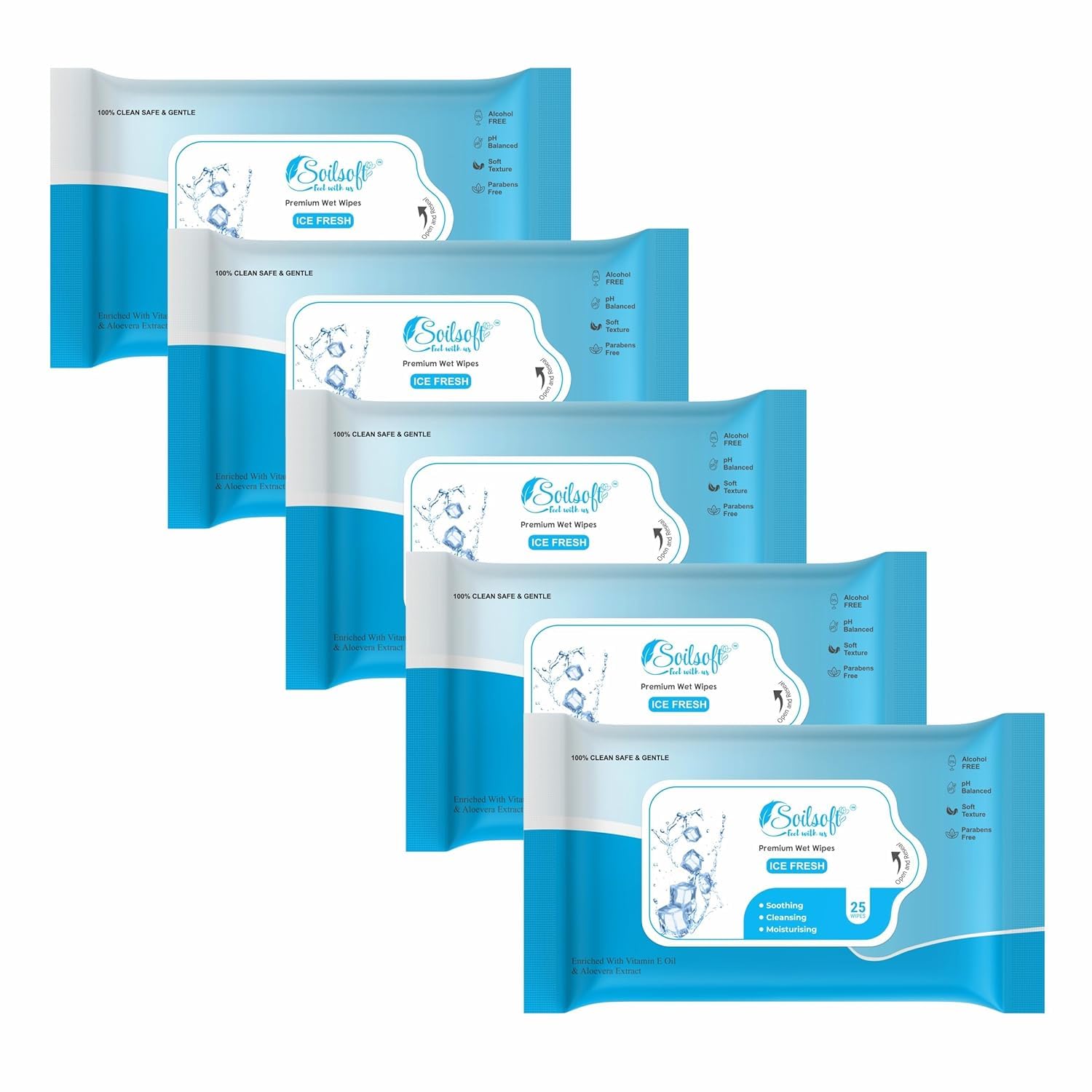 Soilsoft Ice Fresh Wet Wipes 25 Pulls | Alcohol Free Face & Hand Cleansing Wipes | pH Balanced Soft Tissue with Aloe Vera & Vitamin E | Travel Size Fresh Cologne Fragrance Wipes (Pack of 5)-image-7