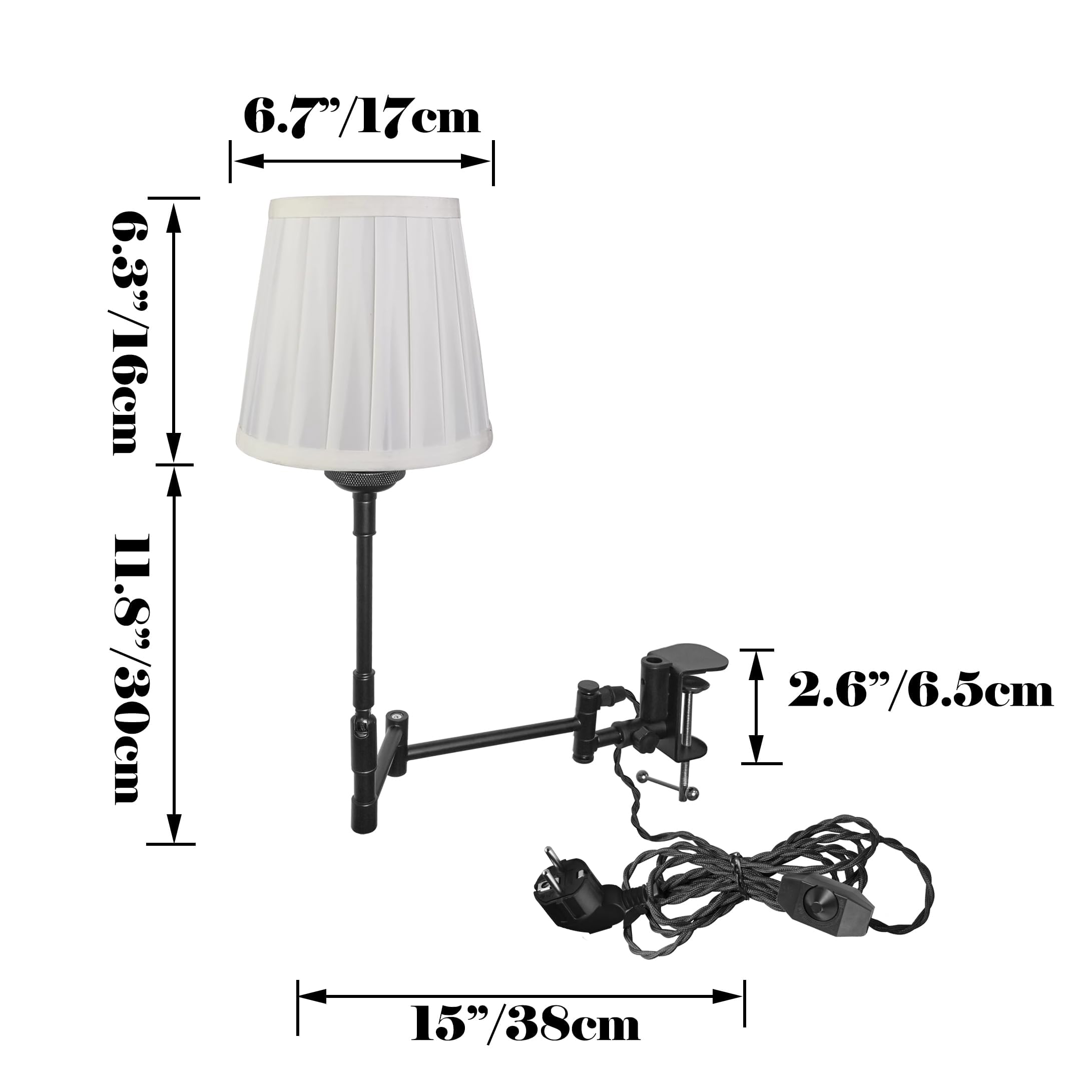 Lampada a morsetto industriale con 2,5 cavi interruttori, clip regolabile su lampada da lettura da scrivania, lampada da comodino, dimmerabile, con braccio flessibile, per scrivania, comodino