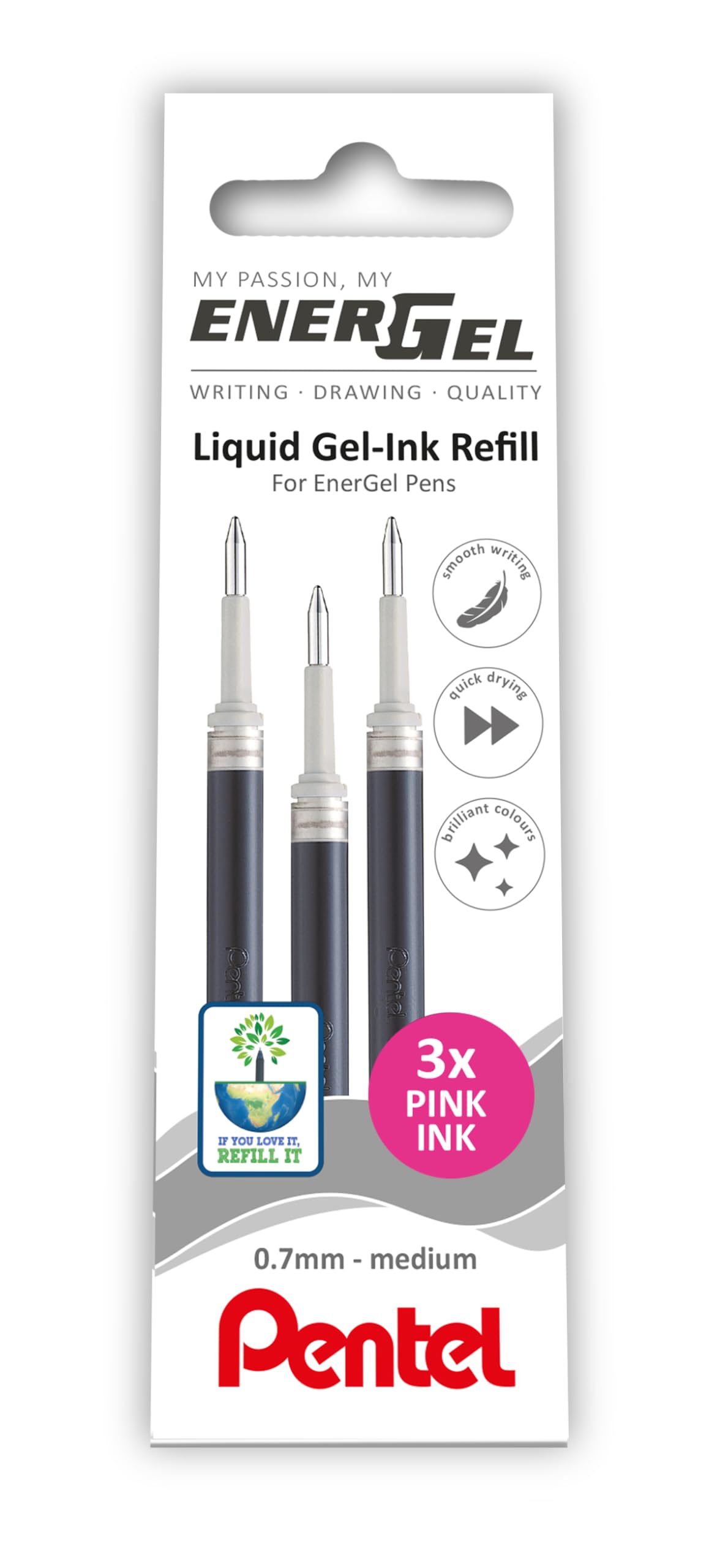 Pentel EnerGel 0.7mm Refill Wallet of 3 - Pink