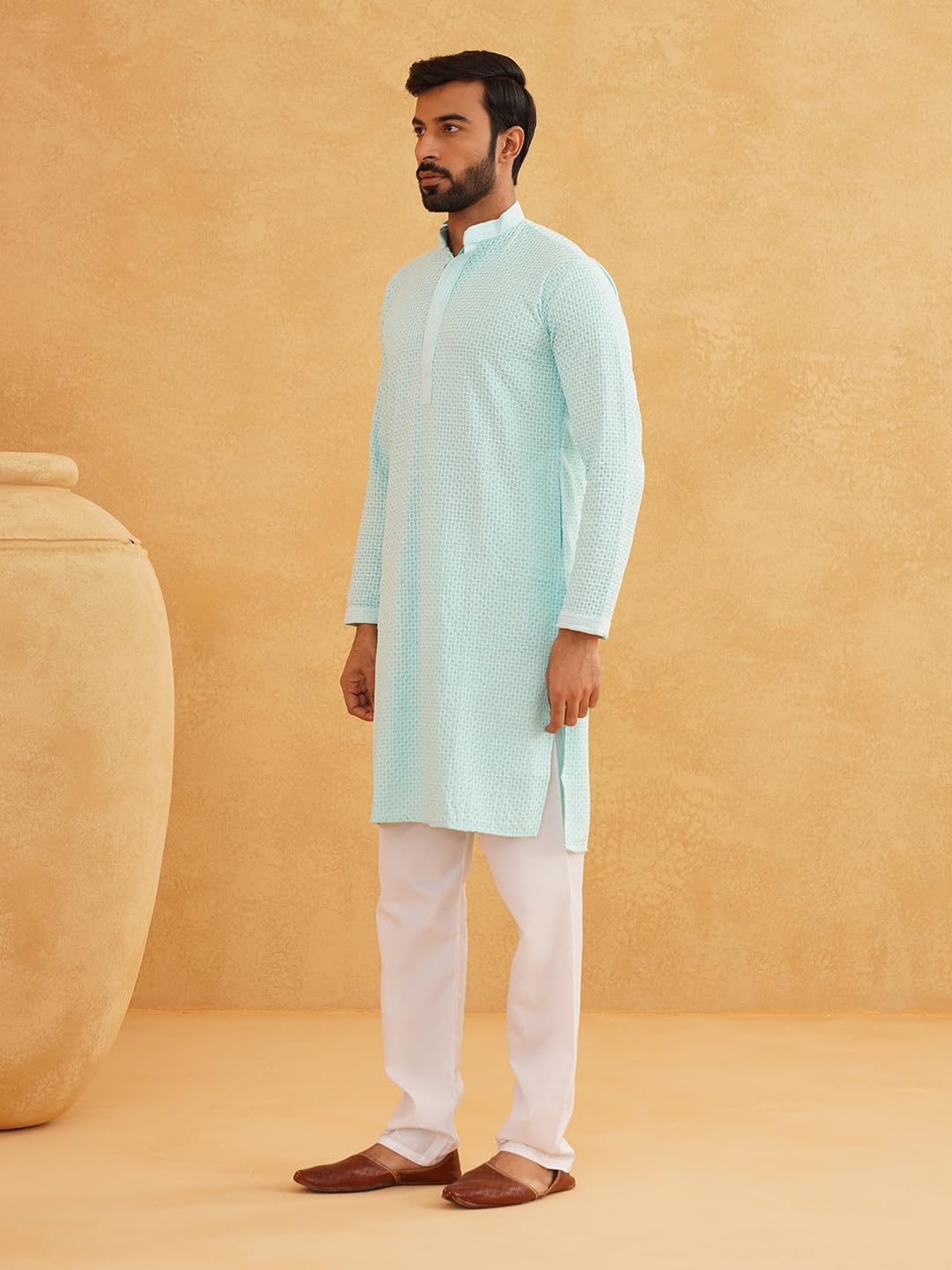 Sojanya (Since 1958 Men's Cotton Embroidered Thread Work Sky Blue Kurta With White Churidar Pyjama