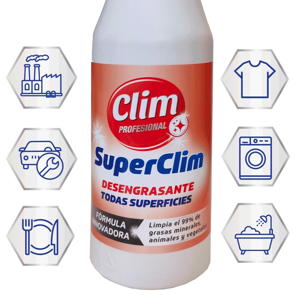 Clim Profesional - 12 Desengrasante Multisuperficie SuperClim 750ml | Elimina Grasa Animal, Vegetal y Mineral | Uso en Baños, Cocinas, Ropa, Talleres y Vehículos | Uso Diario y Profesional