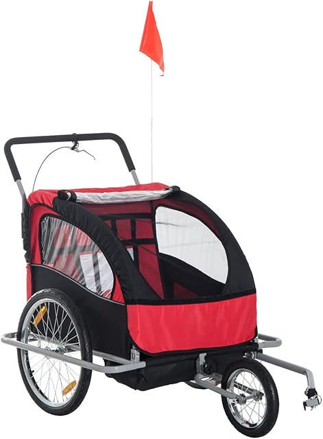 HOMCOM Bike Trailer for Kids 2-Seater Baby Bicycle Trailer with Pivot Wheel Hitch Coupler Suitable for 18 Month + Child(Black and Red)