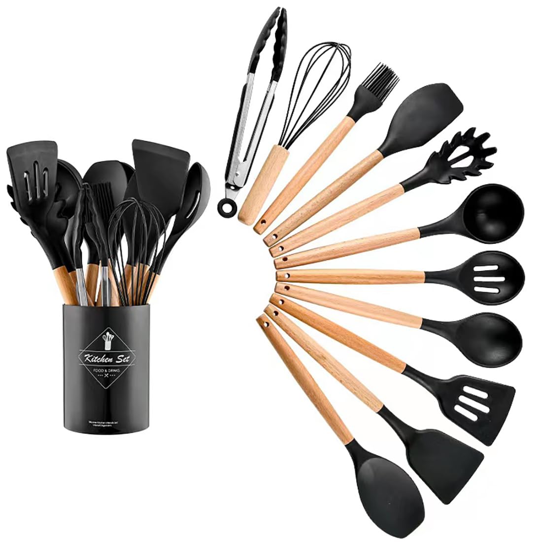 Kitchen Utensil Set, 12 PCS Silicone Cooking Utensils Set with Wooden Handle, Heat Resistant, Nonstick Cookware Tongs Spatula Spoon Set, Dishwasher Safe, Best Kitchen Tools (Black)