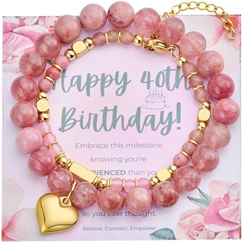 Bivei 40th Birthday Gifts for Women, Natural Semi Precious Crystal Healing Stone Beads Heart Charm Stretch Beaded Birthday Bracelets for Her Best Friends Sister Mom Wife - Pink