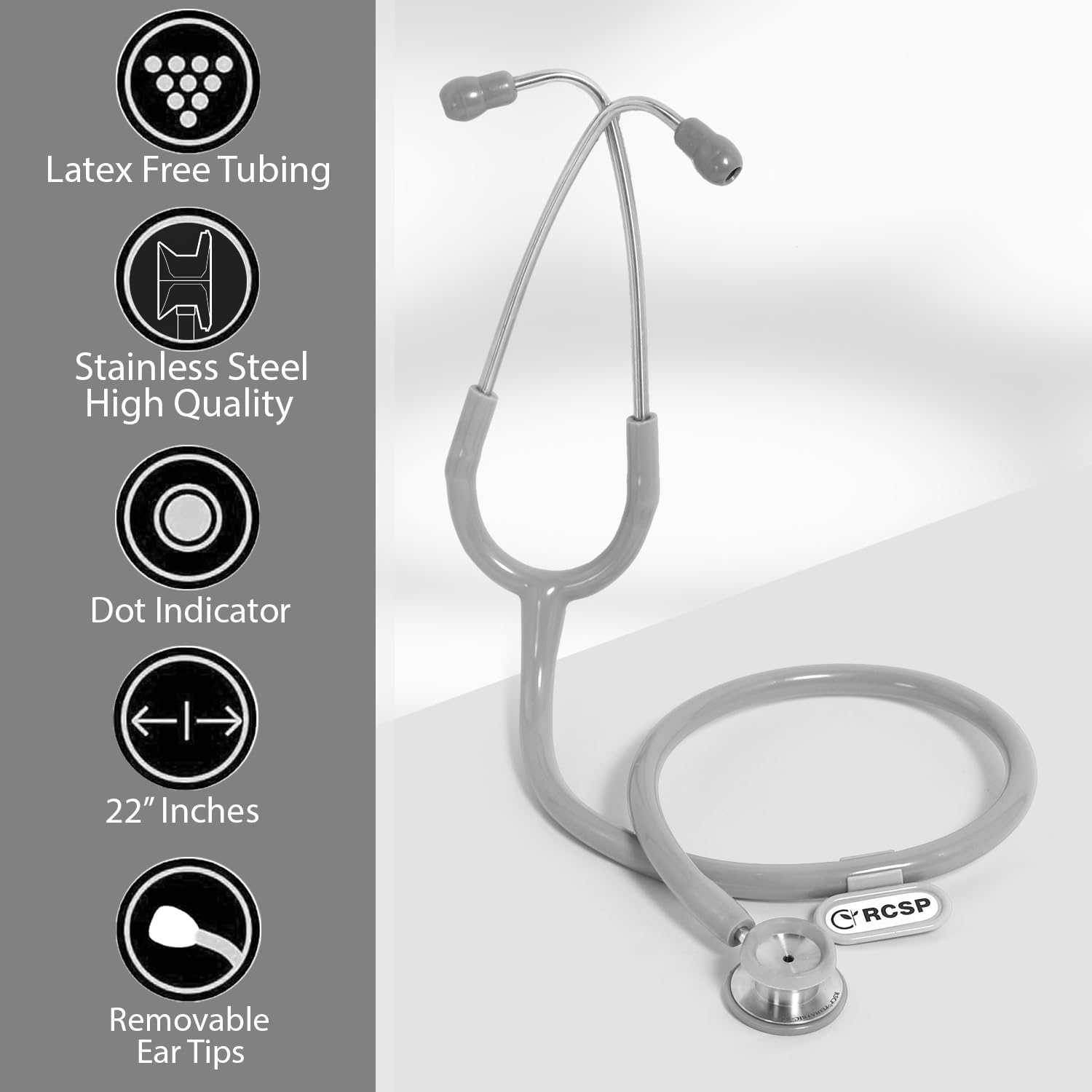 RCSP Stethoscope Pediatric for Doctors and Medical Student Nurses SS Pediatric, Lightweight Stainless Steel Chest Piece with Flexible Jointless Tube and Soft Sealing Ear Knobs (Grey) 1