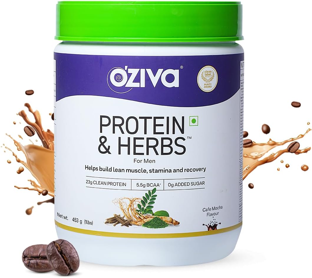 OZiva Protein & Herbs, Men with Multivitamins,Ashwagandha,Brahmi,Maca, Musli for Improved Stamina, Lean Muscles & Recovery 1.1 lbs, Cafe Mocha. Soy Free, Gluten Free, Non GMO