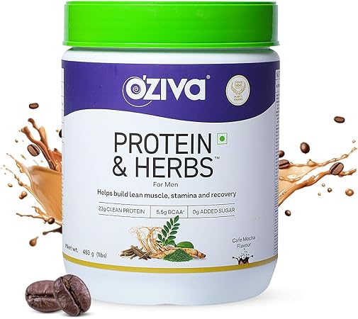 OZiva Protein & Herbs, Men with Multivitamins, Ashwagandha, Brahmi, Maca, Musli for Improved Stamina, Lean Muscles & Recovery 1.1 lbs, Cafe Mocha. Soy Free, Gluten Free, Non GMO