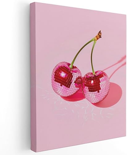 APJYM Arte de pared de cereza de bola de discoteca rosa intenso, decoración de habitación preparada, decoración de habitación Y2K, arte de pared