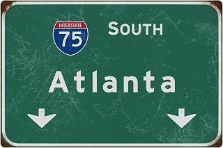 Tin Sign Retro South Atlanta Interstate 75 Direction Sign Street Sign Airport Highway Iron Sheet Sign Bar Club Restaurant Wall Decoration Gift 8×12 INCH