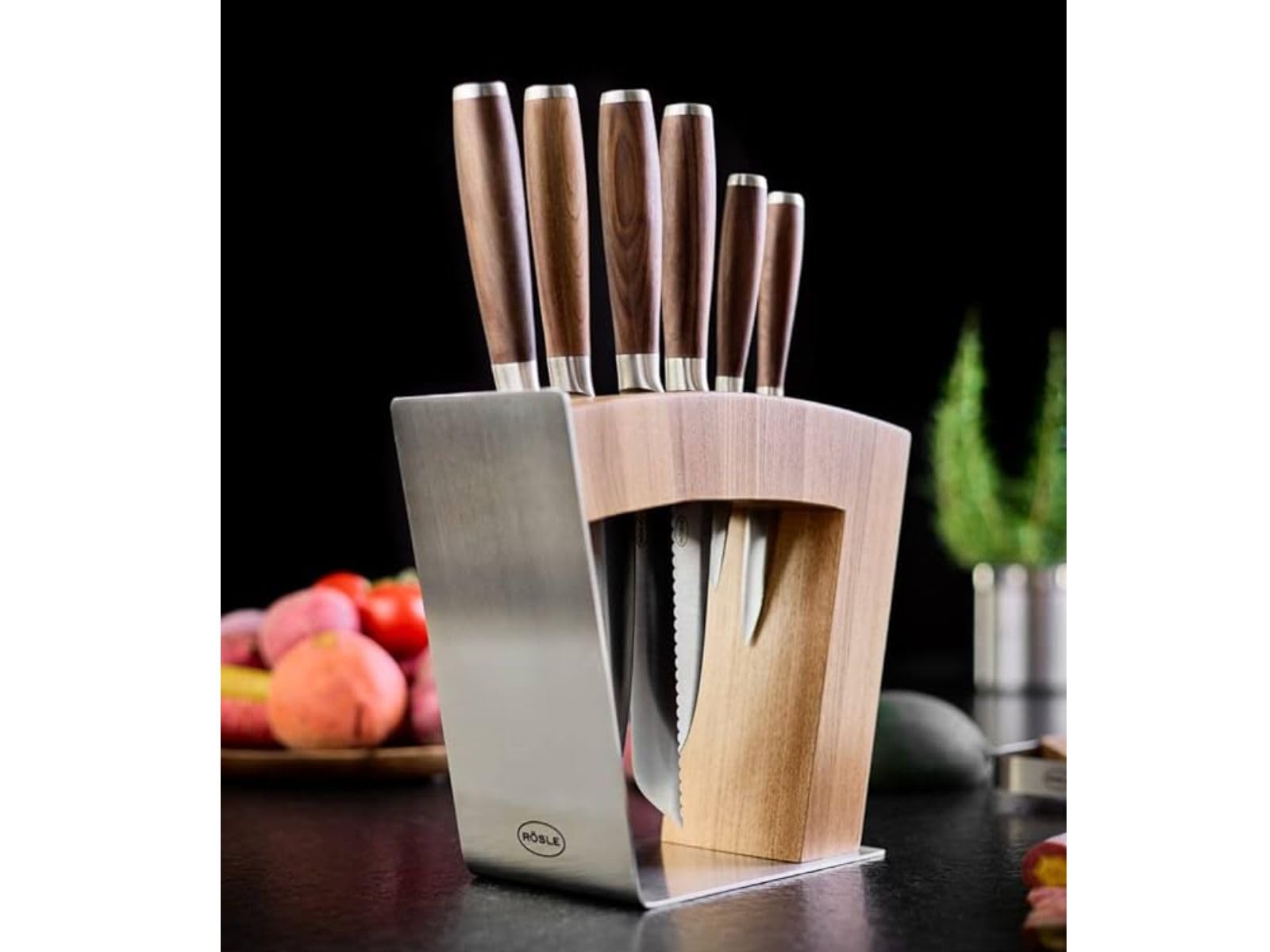RÖSLE Movex Bloc à Couteaux, Bloc à Couteaux design Haut de Gamme en Acier Inoxydable et Bois d'Orme, Lames Visibles, 2 Positions debout, Stable, Couteaux Non Fournis