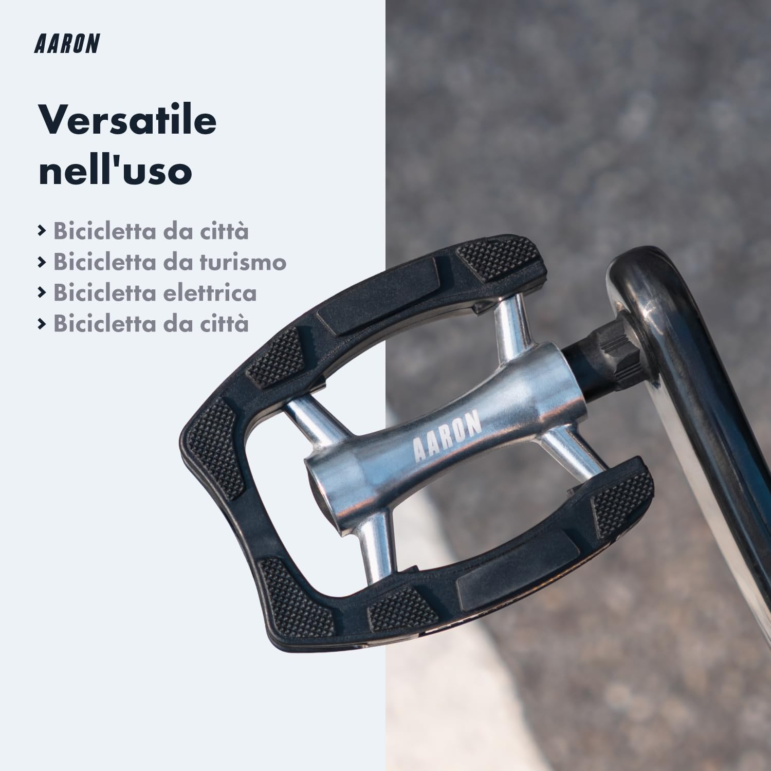 AARON City Pedali da bicicletta con impugnatura in gomma antiscivolo e cuscinetto a sfera industriale sigillato, pedali da trekking con riflettori per e-bike, trekking, City Bike, Argento/Nero