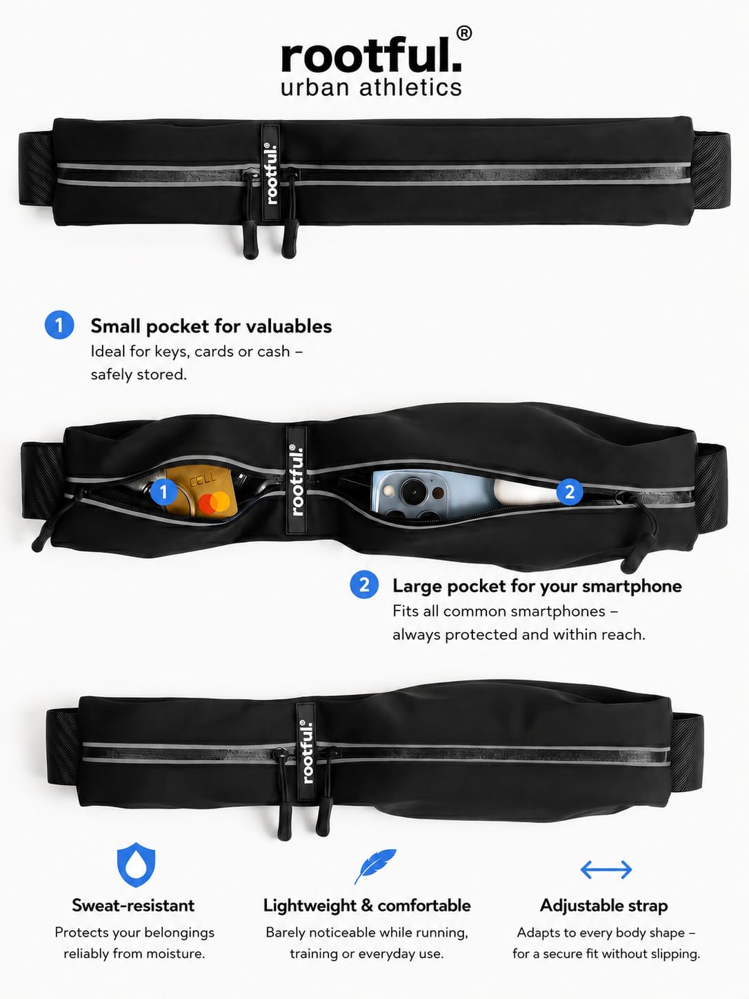rootful.® Pasek do biegania na telefon komórkowy [wysokiej jakości] pasek do biegania na telefon komórkowy, smartfon, klucze itp. | torba nerka do biegania dla mężczyzn i kobiet | niemiecka jakość,