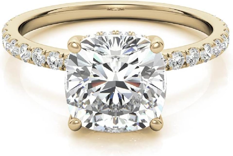 Prachi Jewel 10K Solid Yellow Gold Handmade Engagement Rings, 3 CT Cushion Cut Moissanite Solitaire Wedding Ring for Women Promise Gifts