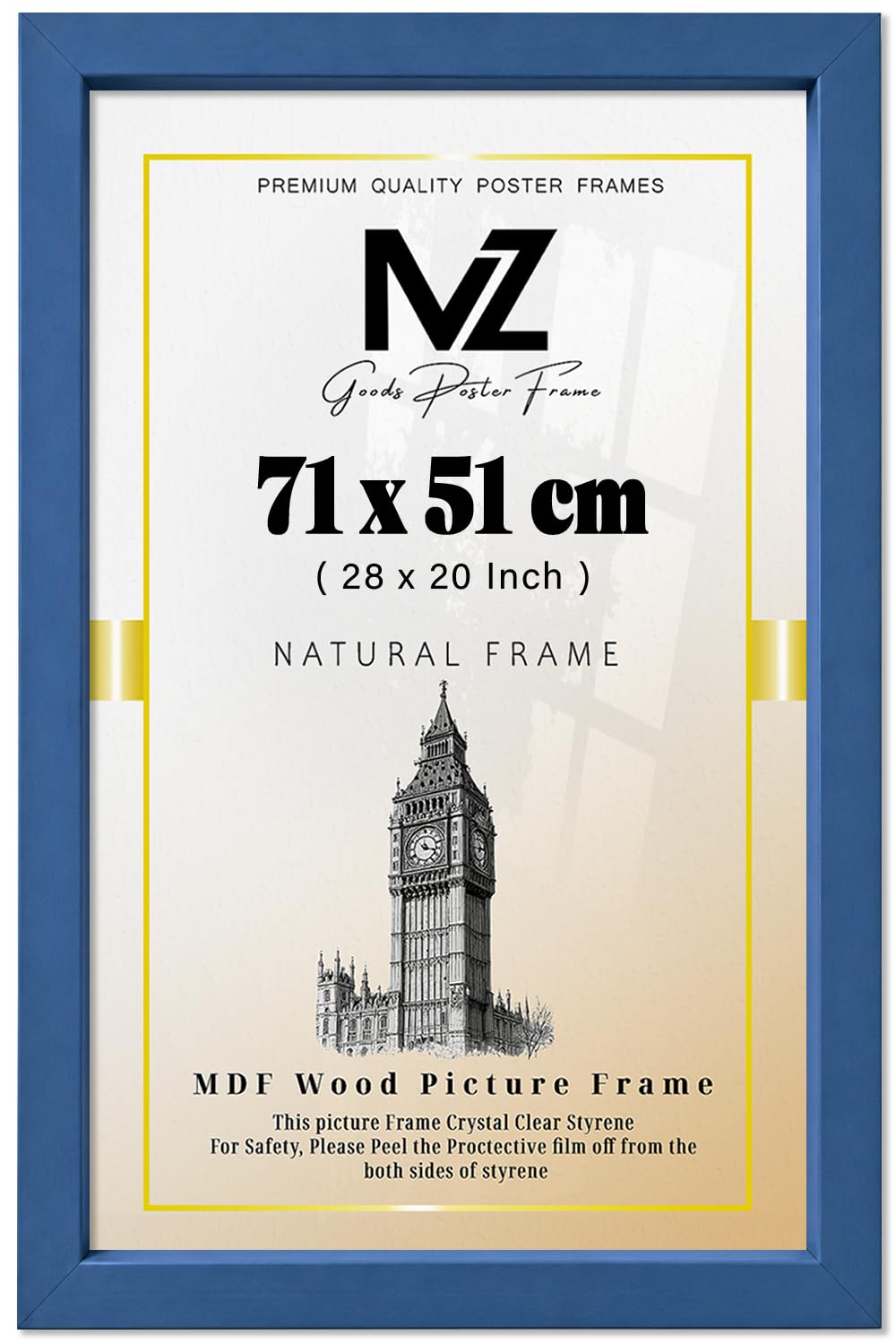 MZ GOODS | MDF Poster Frame (71 x 51 CM) Rectangle for Inspirational Quotes, Graduation Photos & Wall Décor, Elegant MDF Finish, Secure Hanging Hooks [ Blue ]