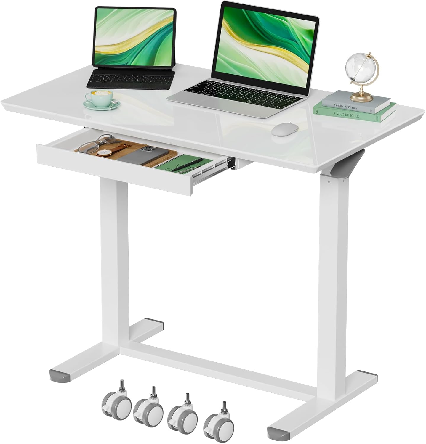 Glass Standing Desk with Drawers, 35inch Small Mobile Laptop Desk, Height Adjustable Rolling Sit Stand Desk, White Pneumatic Portable Computer Desk with Hidden Wheels or Lockable Casters