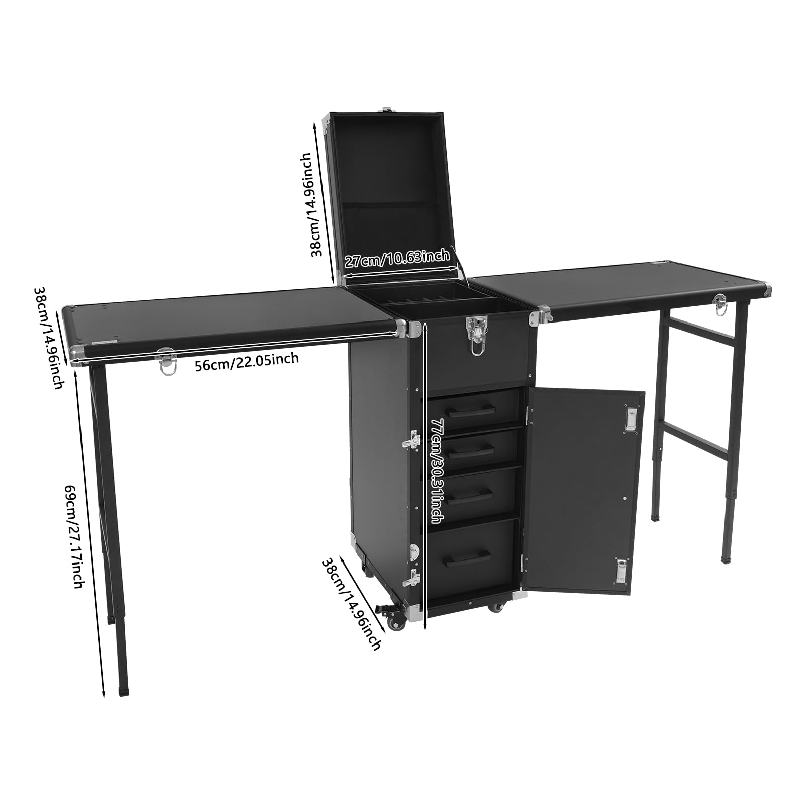 Professioneller Kosmetikkoffer Trolley, 2 In 1 Tragbarer Nageltisch Schminkkoffer Aluminium Nagelkoffer Große Friseurkoffer mit 2 klappbare Tischplatten, 4 Schubladen, Stützbeinen und Rollen