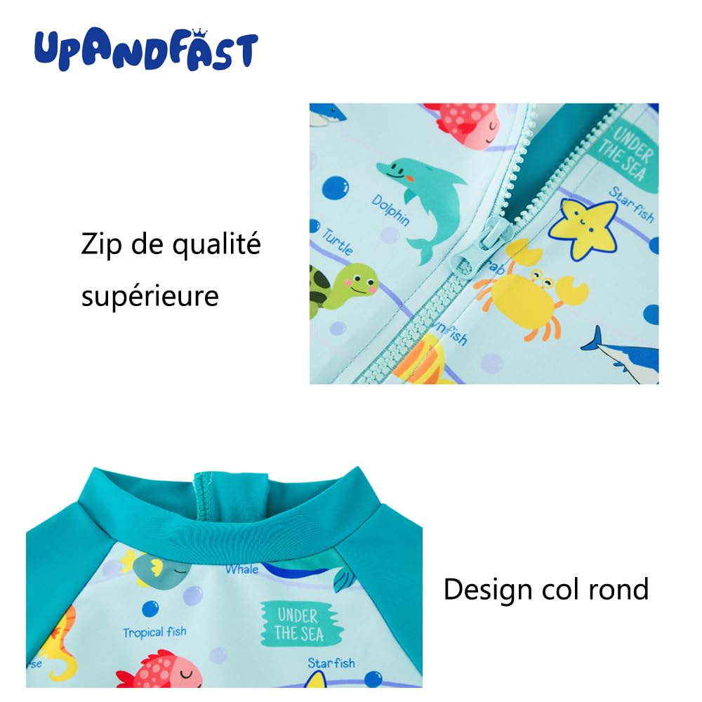 upandfast Maillot de Bain Une pièce avec Fermetures éclair pour bébé garçons Maillot de Bain pour bébé Protection Solaire UPF 50+ avec Chapeau de Soleil - 5