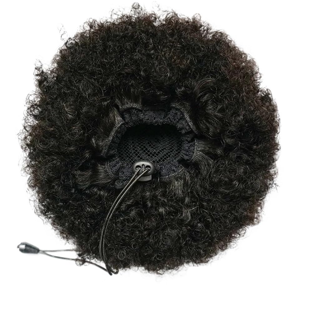 Pferdeschwanz Mit Kordelzug, Echthaar, Brasilianisches Kurzes, Lockiges Pferdeschwanz Mit Kordelzug, Afro-Puff-Dutt, Chignon-Zubehör Daily Wear(Black)