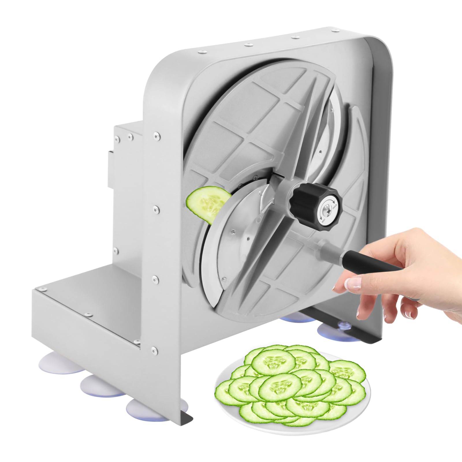 Cortador manual de verduras y frutas de acero inoxidable, hoja de 25 cm, cortador de verduras con grosor de corte ajustable (1 – 10 mm), patas antideslizantes con ventosa para patatas, cebollas y