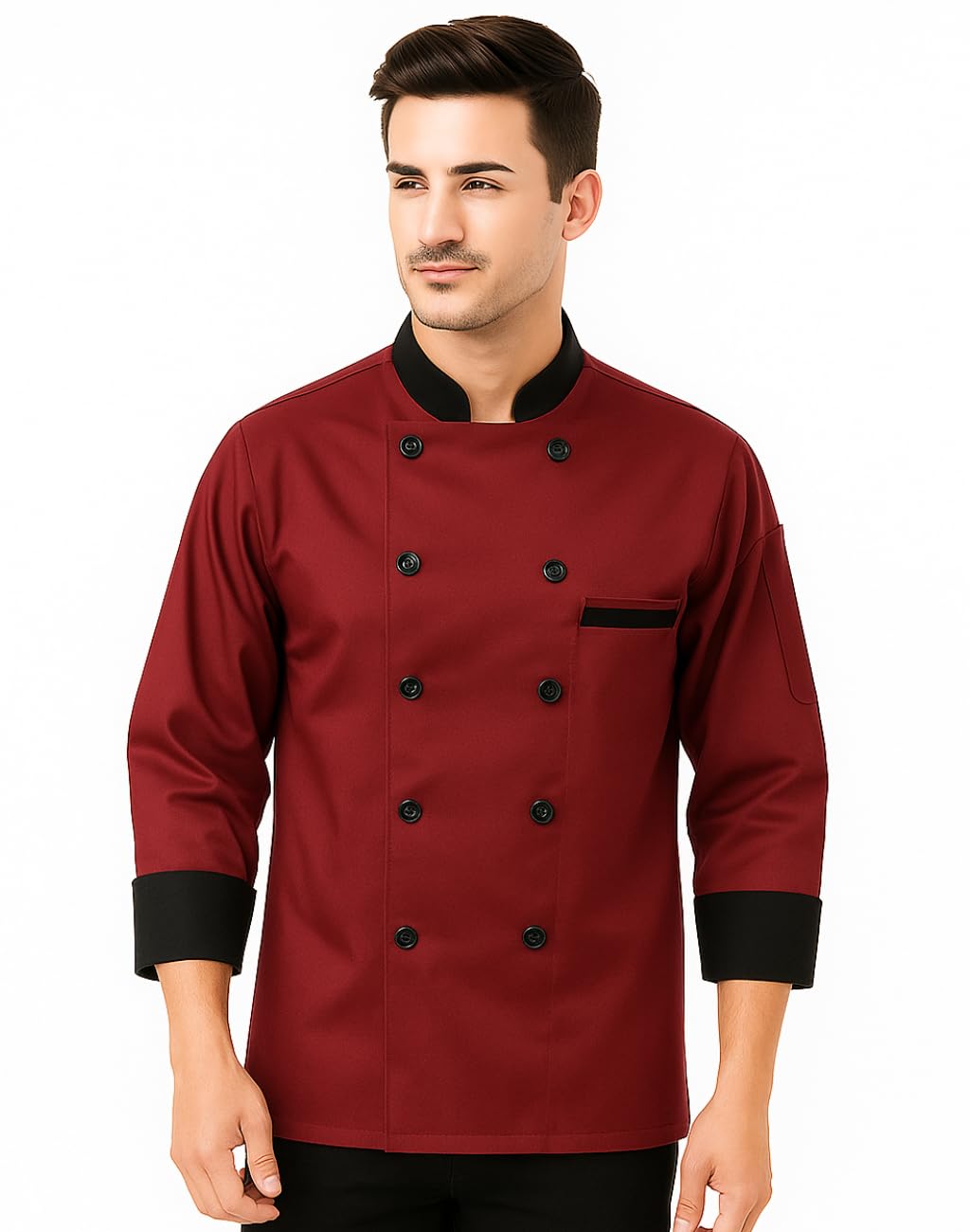 KODENIPR CLUB Men's Maroon Chef Coat Black Contrast (Large(40))