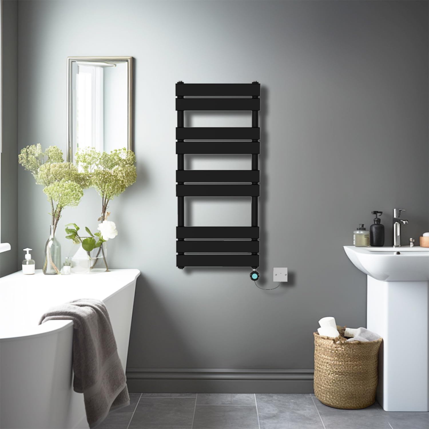 NRG 1000×450mm Black Flat Panel Towel Rail Radiator with WiFi LCD Element