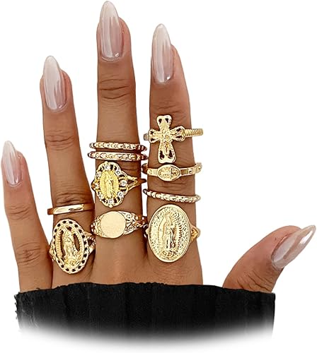 Juego de anillos dorados de cruz de Virgen María para mujer, 10 piezas vintage gruesos apilables, anillos cruzados para nudillos, accesorios retro