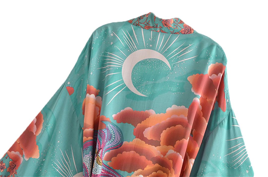 Moon Print Short Open Stitch Cover Ups Rayon Cotone Kimonos Donne
