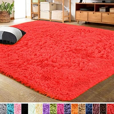 LOCHAS Ultra Soft Indoor Modern Fluffy Area Rugs Fluffy Living Room Carpets for Children Bedroom Home Decor Nursery Rug, 3x5 Feet Red