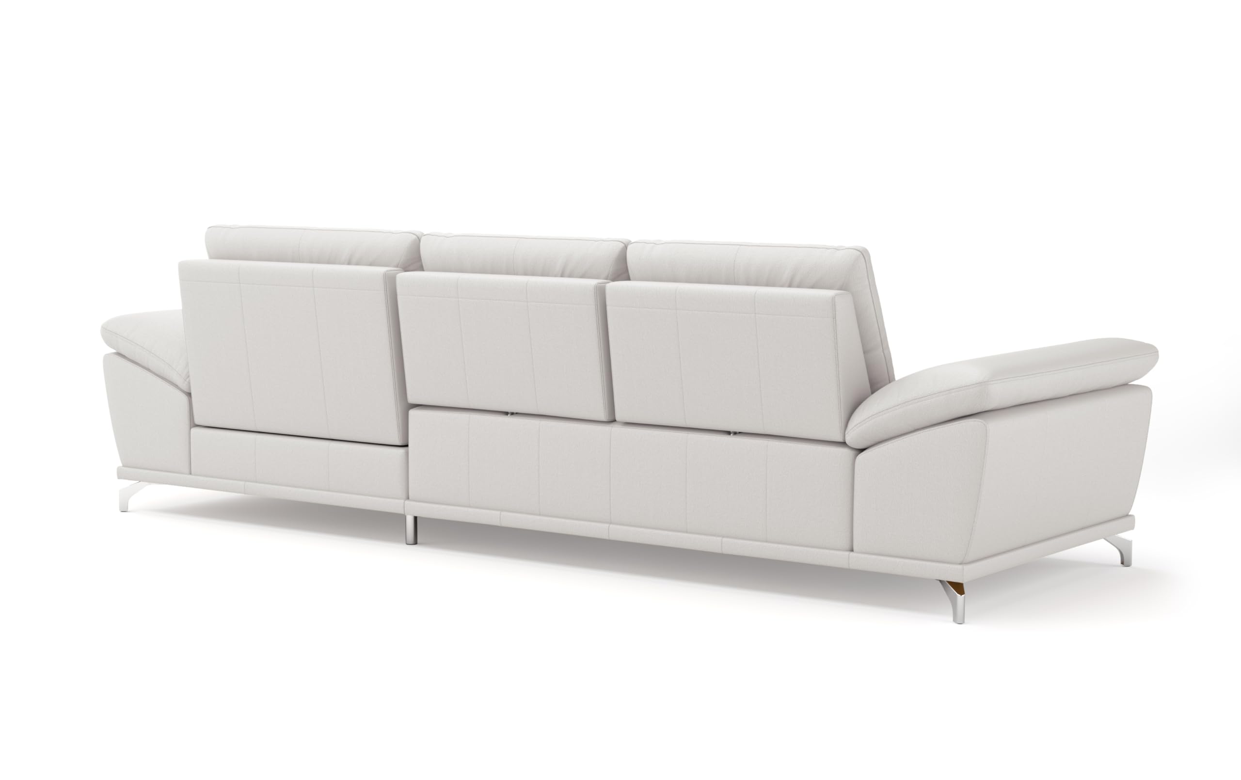 CAVADORE Castiel Canapé d'angle à Ressorts avec Grande Chaise Longue, réglage de la Profondeur d'assise, appuie-têtes et Pieds en métal Noir Mat, 301 x 89-114 x 176 cm, en Cuir véritable, Blanc