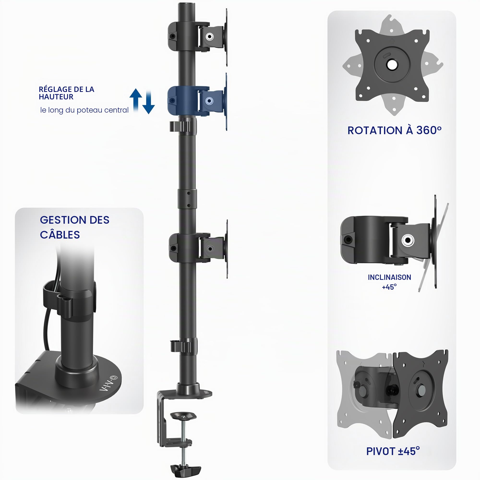Vivo STAND-V002R Support de Bureau Double écran avec réglage de la Hauteur et plaques VESA pour 2 écrans LCD Ultra Larges jusqu'à 34"